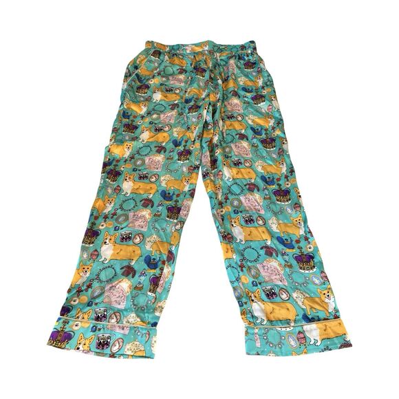 Karen Mabon Oh So Royal Turquoise Luxury Silk Pajama Set Corgi Queen Jewels L - Picture 3 of 5